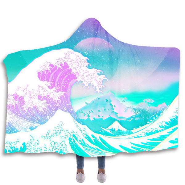 Great Wave Vaporwave Hooded Blanket