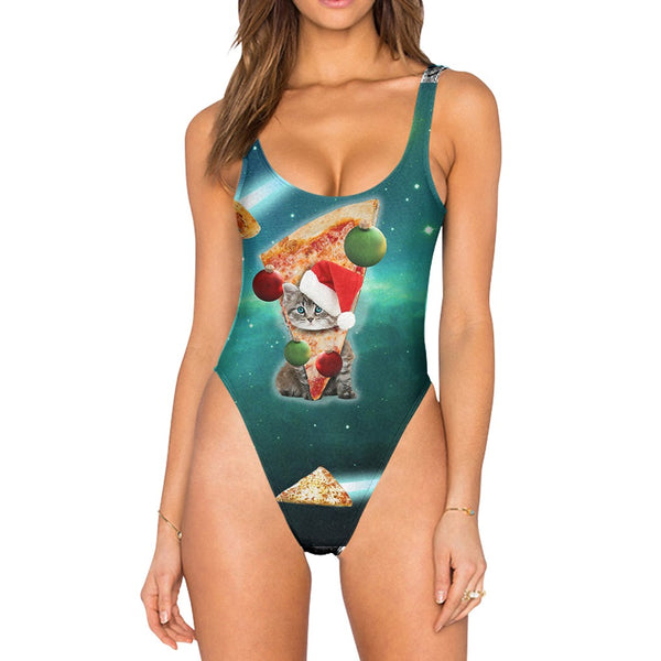 Meowie Christmas Pizza Cats Swimsuit - High Legged