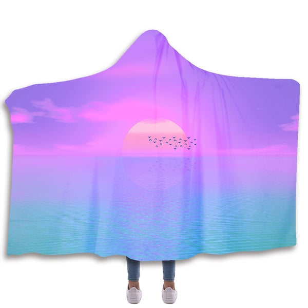 Beach Sunset Vaporwave Hooded Blanket