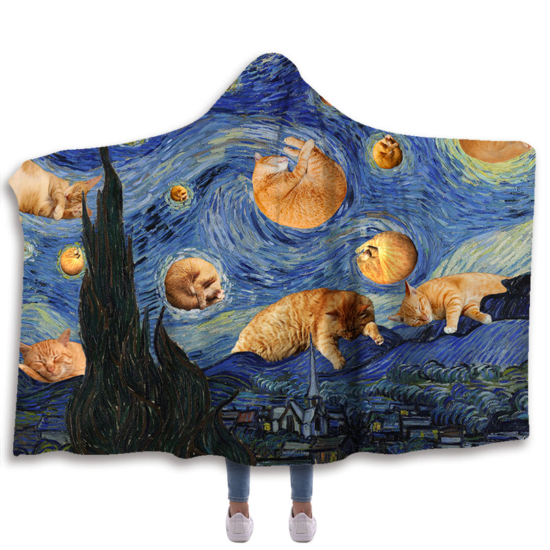 Van Gogh The Kitty Night Hooded Blanket