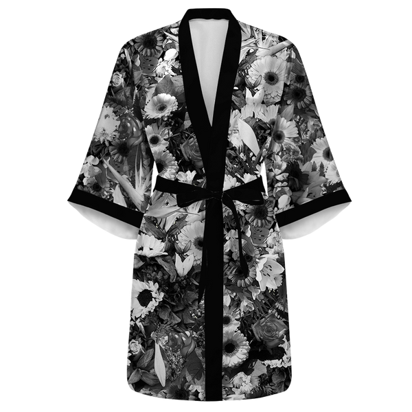 B&W Flowers Satin Kimono Robe