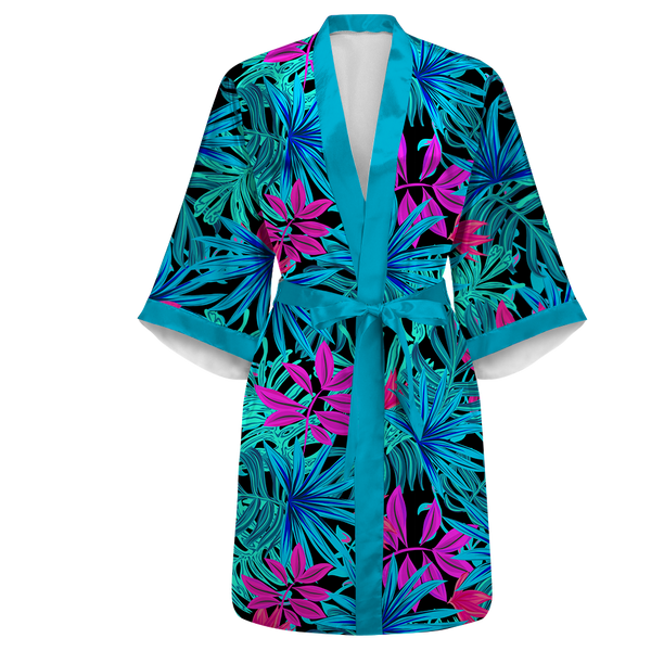 Tropical Leaves Satin Kimono Robe